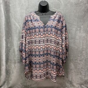 Kim Rogers Woman 1X Tunic Blouse Navy Orange Geometric Tribal Roll Tab Hi-Low